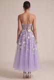 Strapless Lilac A Line Appliqued Corset Midi Wedding Guest Dress