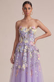 Strapless Lilac A Line Appliqued Corset Midi Wedding Guest Dress