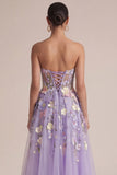 Strapless Lilac A Line Appliqued Corset Midi Wedding Guest Dress