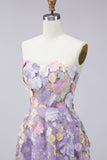 Strapless Lilac A Line Appliqued Corset Midi Wedding Guest Dress
