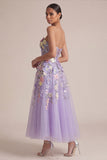 Strapless Lilac A Line Appliqued Corset Midi Wedding Guest Dress