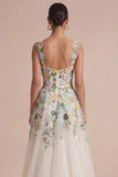 White Floral A Line Corset Square Neck Midi Dress