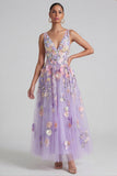 Lilac Appliqued V Neck A Line Midi Floral Dress