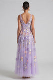 Lilac Appliqued V Neck A Line Midi Floral Dress