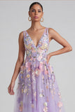 Lilac Appliqued V Neck A Line Midi Floral Dress