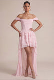 Off the Shoulder Pink A Line Ruffled Corset Wedding Guest Dress
