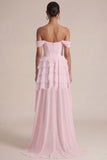Off the Shoulder Pink A Line Ruffled Corset Wedding Guest Dress