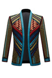 Green Open Front Geometric Embroidered Men's Blazer