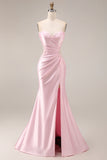 Pink Satin Mermaid Sweetheart Ruched Long Prom Dress with Slit