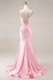 Pink Satin Mermaid Sweetheart Ruched Long Prom Dress with Slit