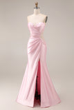 Pink Satin Mermaid Sweetheart Ruched Long Prom Dress with Slit