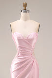 Pink Satin Mermaid Sweetheart Ruched Long Prom Dress with Slit
