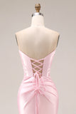 Pink Satin Mermaid Sweetheart Ruched Long Prom Dress with Slit
