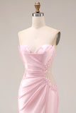 Pink Satin Mermaid Sweetheart Ruched Long Prom Dress with Slit