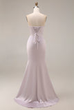 Satin Mermaid Light Purple Sweetheart Ruched Beaded Long Prom Dress with Slit