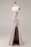 Satin Mermaid Light Purple Sweetheart Ruched Beaded Long Prom Dress with Slit