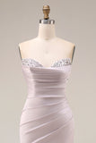 Satin Mermaid Light Purple Sweetheart Ruched Beaded Long Prom Dress with Slit
