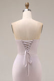Satin Mermaid Light Purple Sweetheart Ruched Beaded Long Prom Dress with Slit