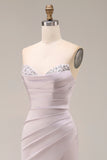 Satin Mermaid Light Purple Sweetheart Ruched Beaded Long Prom Dress with Slit
