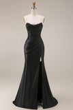 Satin Mermaid Black Sweetheart Sheer Corset Ruched Beaded Long Prom Dress with Slit