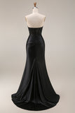 Satin Mermaid Black Sweetheart Sheer Corset Ruched Beaded Long Prom Dress with Slit