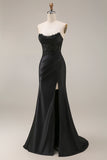 Satin Mermaid Black Sweetheart Sheer Corset Ruched Beaded Long Prom Dress with Slit
