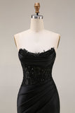 Satin Mermaid Black Sweetheart Sheer Corset Ruched Beaded Long Prom Dress with Slit