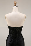 Satin Mermaid Black Sweetheart Sheer Corset Ruched Beaded Long Prom Dress with Slit