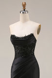 Satin Mermaid Black Sweetheart Sheer Corset Ruched Beaded Long Prom Dress with Slit