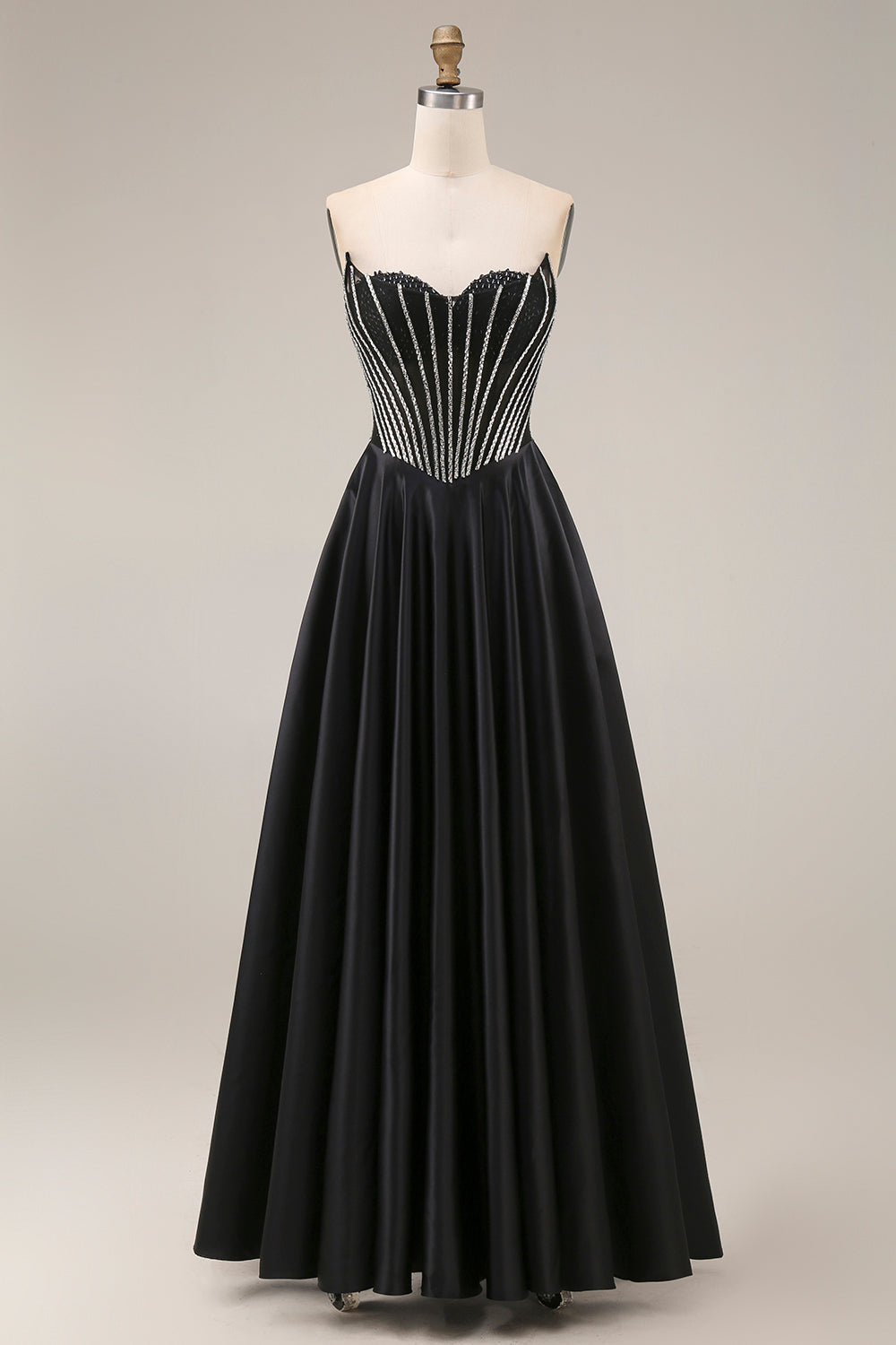 Zapaka Women Black A-Line Prom Dress Satin Sweetheart Corset Long