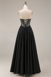 Satin A-Line Black Sweetheart Corset Long Prom Dress