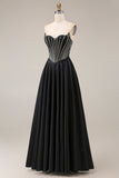 Satin A-Line Black Sweetheart Corset Long Prom Dress