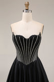 Satin A-Line Black Sweetheart Corset Long Prom Dress