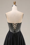 Satin A-Line Black Sweetheart Corset Long Prom Dress