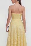Yellow Sweetheart Ruched Lace Midi Dress