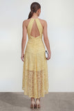 Yellow Lace A-Line Halter Asymmetrical Midi Dress with Keyhole