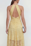 Yellow Lace A-Line Halter Asymmetrical Midi Dress with Keyhole