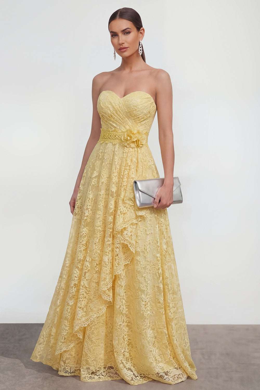 Zapaka Women Yellow Long Lace Wedding Guest Dress with 3D Flower Sweetheart Ruched A Line Formal Dress, Yellow / US2 Zapaka Women Yellow Long Lace Wedding Guest Dress with 3D Flower Sweetheart Ruched A Line Formal Dress, Yellow / US2