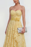 Yellow Sweetheart Ruched Long Lace Wedding Guest Dress with 3D Flower