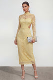 Yellow High Neck Long Sleeves Lace Midi Dress with Slit