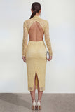 Yellow High Neck Long Sleeves Lace Midi Dress with Slit