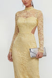 Yellow High Neck Long Sleeves Lace Midi Dress with Slit