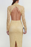 Yellow High Neck Long Sleeves Lace Midi Dress with Slit