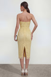 Yellow Sweetheart Ruched Bodycon Midi Dress with Slit