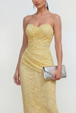 Yellow Sweetheart Ruched Bodycon Midi Dress with Slit