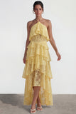 Yellow Lace A Line Asymmetrical Corset Tiered Wedding Guest Dress with Ruffles