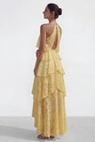 Yellow Lace A Line Asymmetrical Corset Tiered Wedding Guest Dress with Ruffles