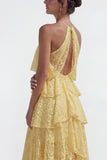 Yellow Lace A Line Asymmetrical Corset Tiered Wedding Guest Dress with Ruffles