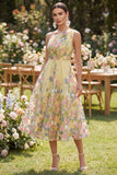 Yellow A-Line One Shoulder Embroidered Floral Midi Dress