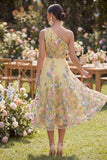Yellow A-Line One Shoulder Embroidered Floral Midi Dress